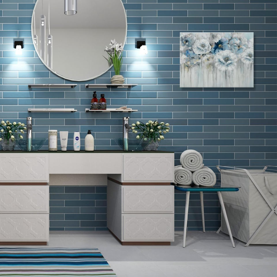 Bathroom Wall Art Abstract Flowers White Floral Painting Artwork on