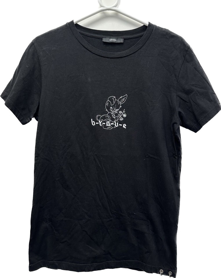 Diesel Black Bunny Rabbit Embroidered Brave Slogan Black T-Shirt Size XS Women’s