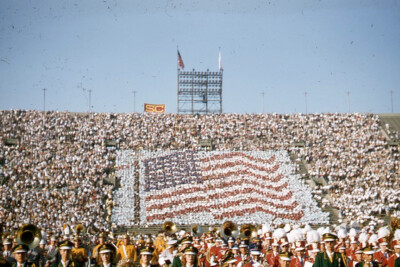Kodak  Slide 1950s Red Border Kodachrome SC Crowd US Flag Marching Band
