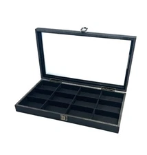 Pocket Watch Rustic Black Stained Glass Lid Wood 12 Space Display Box Case