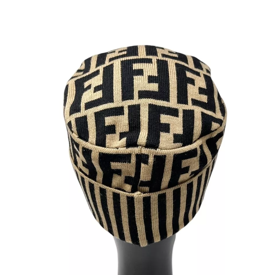 FENDI Vintage Zucca Monogram Knit Beanie #42 Cap Stripe Beige Black Wool - Image 4 of 4
