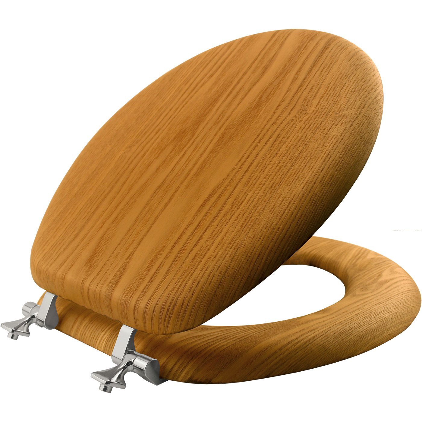 Natural Oak Wood Toilet Seat with Chrome Hinges, Round Veneer