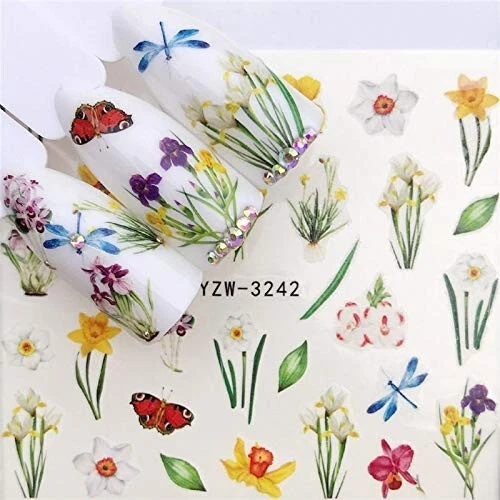 Nail Art Water Decals Stickers Transfers Spring Flowers Daffodil Butterflies