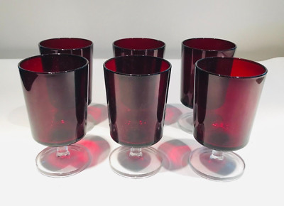 Vintage Luminarc France Ruby Red Wine Glass With Clear Stem 5 oz Goblet Set of 6