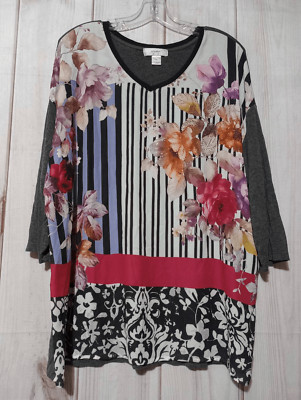CJ Banks Shirt Ladies 1x Floral 3/4 Sleeve VNECK Light Weight