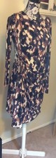 Designer Purple Print Dress Shirred Front Drape Stretch Vintage inspired