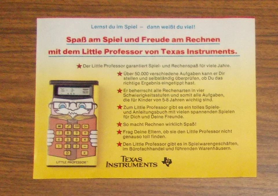 Seltene Werbung TEXAS INSTRUMENTS LITTLE PROFESSOR Taschenrechner 1984 - Bild 1 von 1