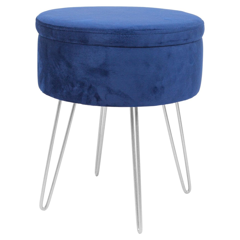 1x Bleu/Argent H45 x D36cm Rond Repose-Pieds de Rangement en Velours