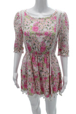 Love Shack Fancy Women Mini Sundress Pink Floral Cotton 3/4 Sleeve Size XS