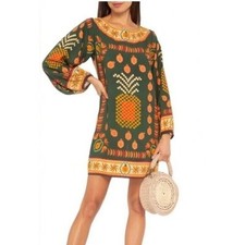 FARM Rio Pineapple Print Long Sleeve Mini Dress Green Yellow Orange Boho