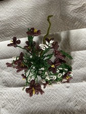 Vtg French Glass Beaded Purple Green Yellow Flower Bouquet Floral Arrangement