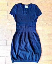 USED CHANEL BLACK RIBBED KNIT DRESS, SHORT SLEEVE, SIZE 38, SPARE YARN INCLUDE