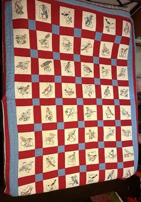 Red, White & Blue Hand Embroidered Bird and State Quilt 80 x 64