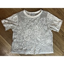 Veveret Sheer Top Womens Size Medium Ivory Embroidered Floral Short Sleeve