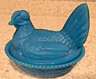 Vintage Westmoreland Hen on Nest Mint Blue Milk Glass Covered Dish 4.5" H