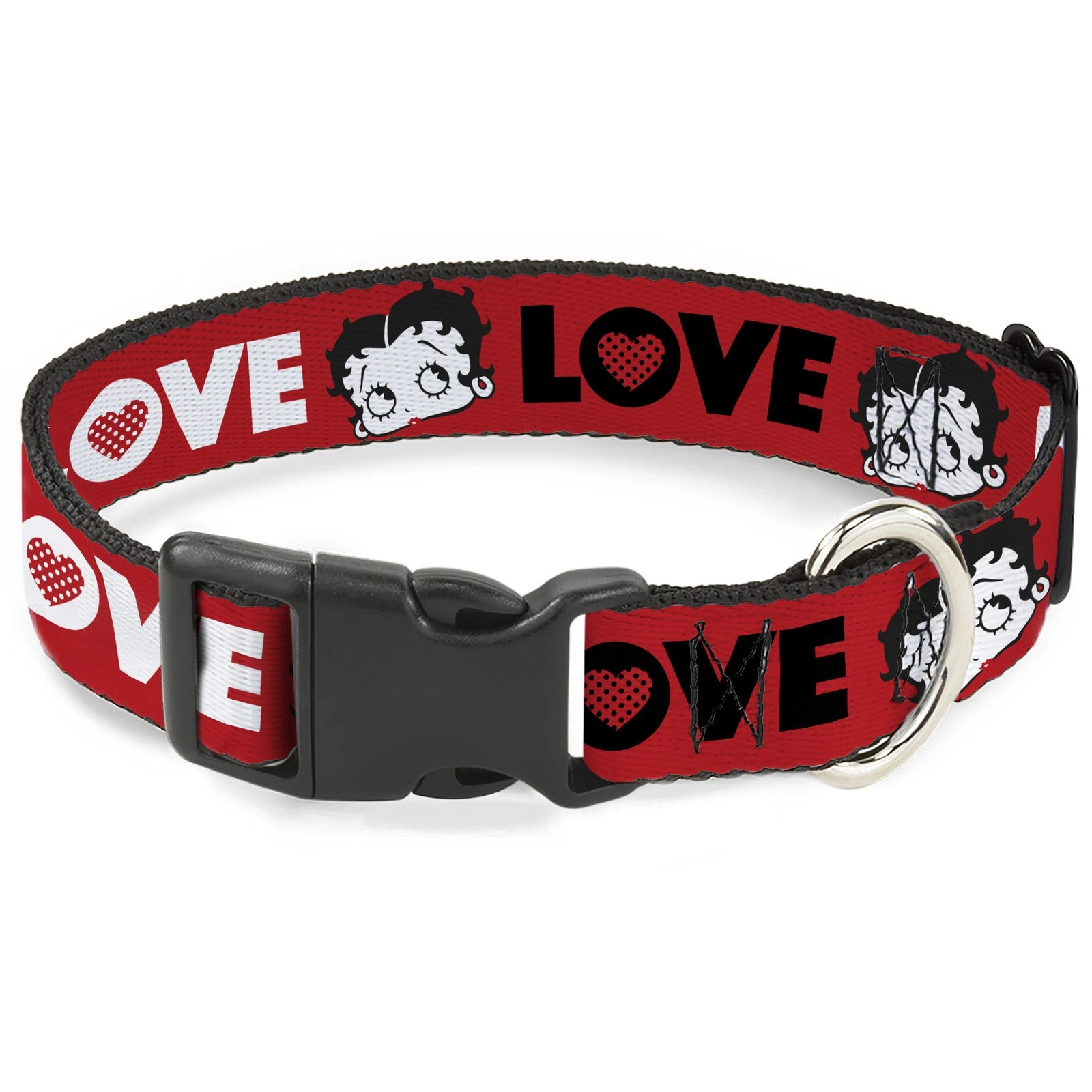 Plastic Clip Collar Betty Boop Face and LOVE Text Red/Black/White Large 15-24"