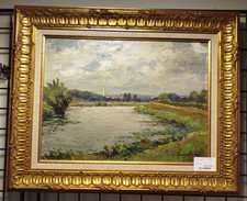 Tableau Huile sur bois signé Launet 1929 Paysage Nature Riviere 29MAG 18/12