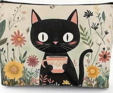 Cosmetic/Travel Bag, Flower, Coffee, Cat Bag, Zippered, Lightweight Pouch