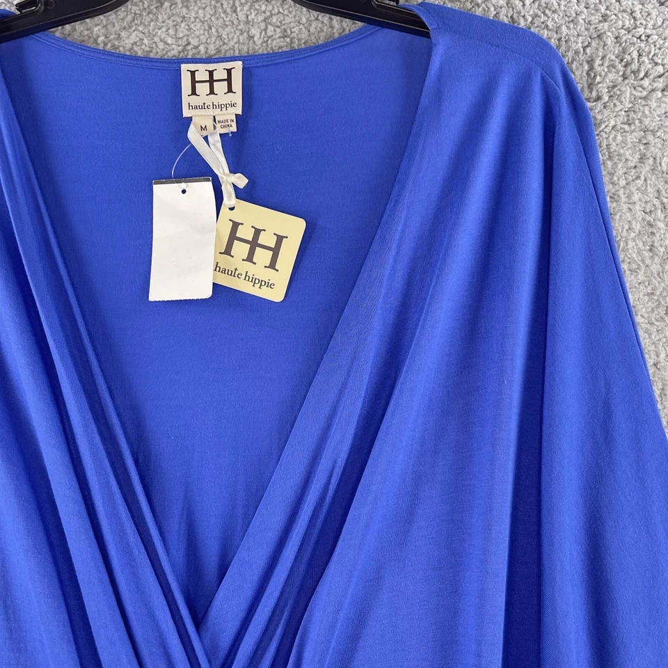 Vestido para mujer HH Haute Hippie mediano azul sobrepelliz jersey funda lado acanalado Foto 4 de 4