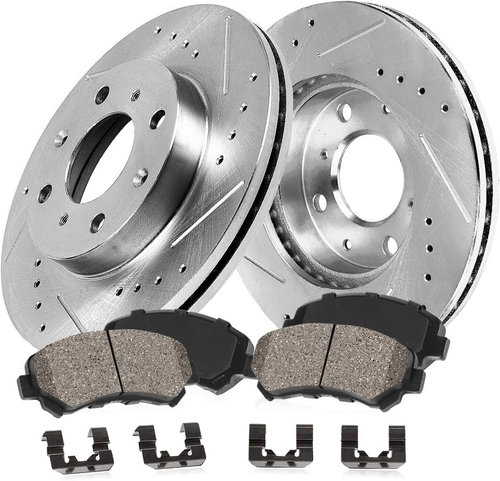 Front Drilled Slotted Brake Disc Rotors and Ceramic Brake Pads + Hardware Brake