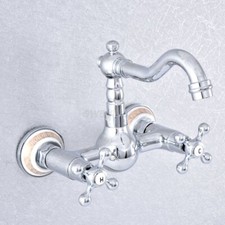 Chrome Wall Mounted Swivel Spout Bathroom Sink Faucet Double Handle Mixer Tap