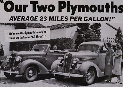 1936 Plymouth Ad Original Vintage ''Our two Plymouths Average 23 Miles Per Gallon