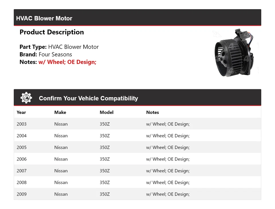 For 2003-2009 Nissan 350Z HVAC Blower Motor 4 Seasons 2004 2005 2006 2007 2008 - Image 2 of 4