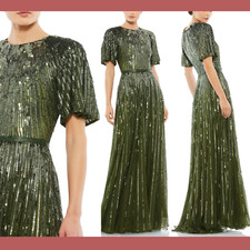 NEW $698 Mac Duggal [ 4 ] Short Sleeve Ombre Sequined Evening Gown Olive #Q548