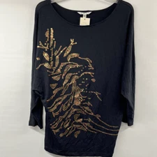 CAbi Women's Size M Cheri 3/4-Sleeve Blouse Top Sequin Tree Style 152 Black/Gold