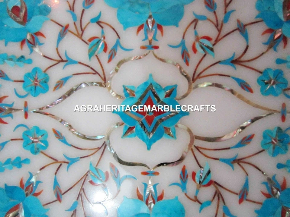 9"x12" Marble Serving Tray Plate Turquoise Inlay Marquetry Kitichen Decor H1404 - Image 2 of 4