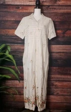 Carolina Colours Linen Dress Size 16 Cream Floral Pockets Vintage VTG