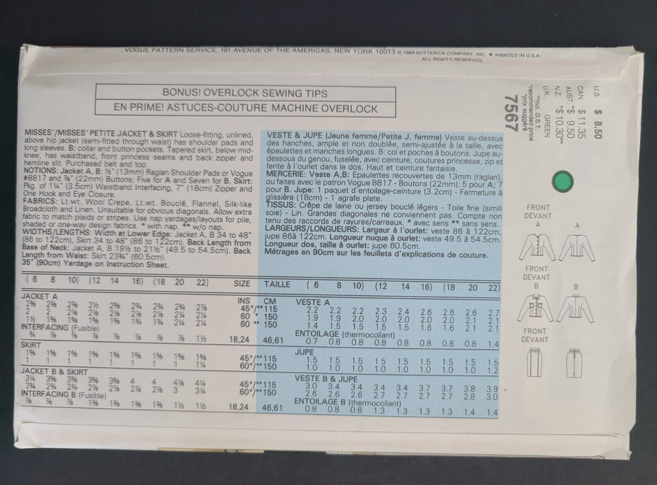 Uncut Vtg Vogue 7567 Easy Sew Pattern Career Suit Skirt Blazer Jacket