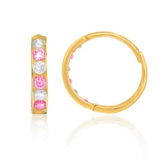 Genuine 14k Yellow Gold 2mm Pink CZ Women's Hinged Hoop Earrings-11mm Diameter