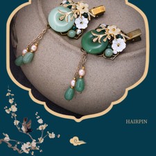 Retro Chinese Lucky Jade Hairpin Women Vintage Tassel Hanfu Hair Clip