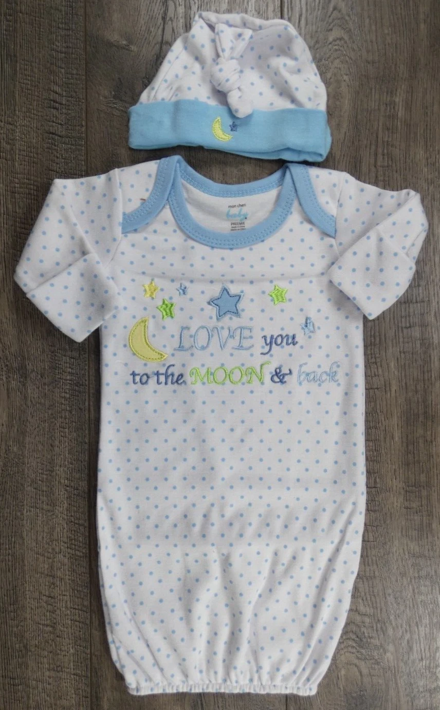 Baby Boy Clothes Nwot Mon Cheri Preemie 2pc Blue To The Moon & Back Gown & hat
