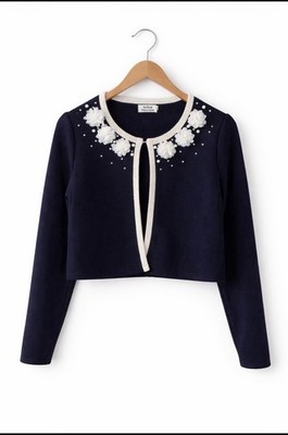 Holly Bracken T2 Pearl Embellished Embroidered Cropped Jacket Sweater Gold Trim