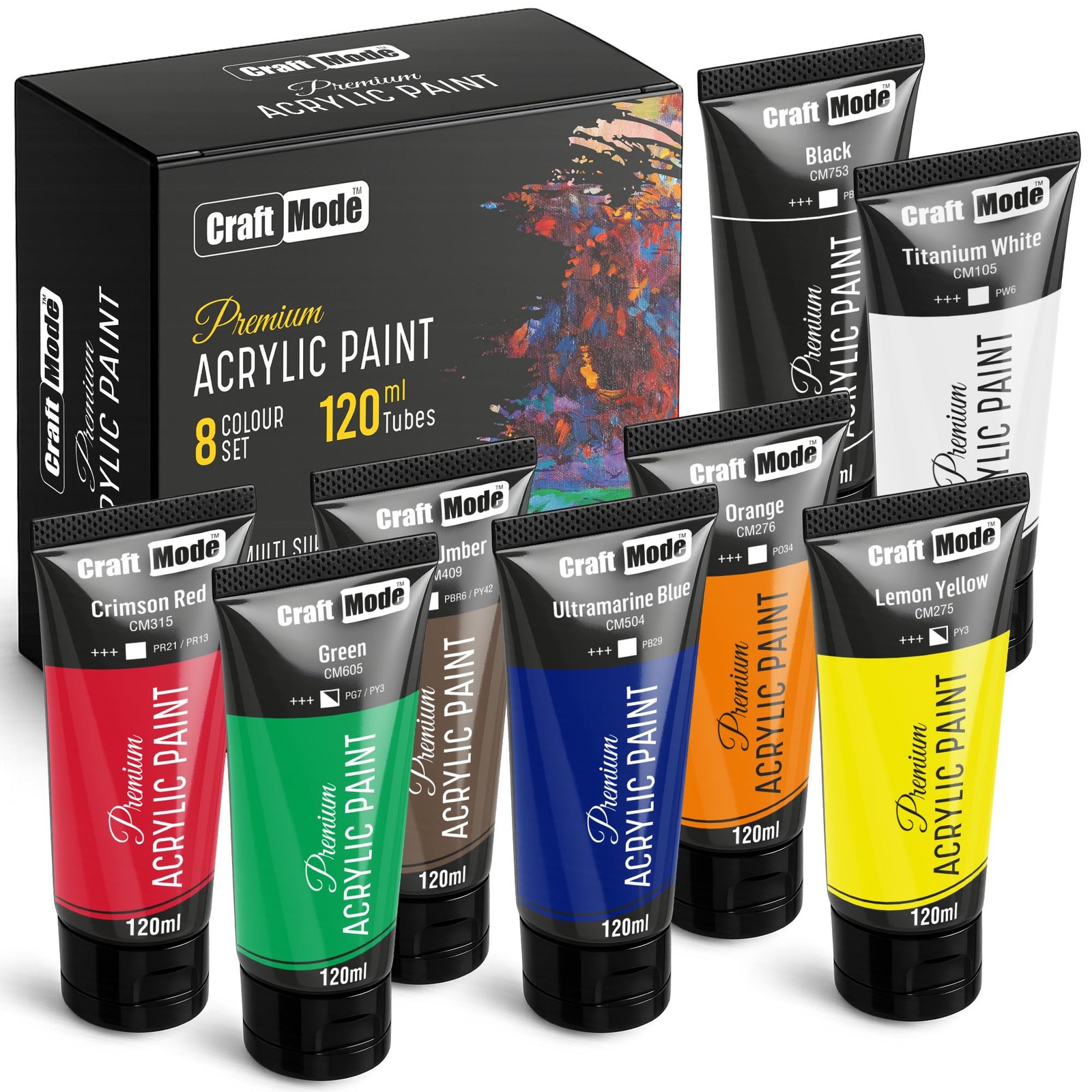 Craft Mode Acrylic Paint Set 8 120ml Vibrant Colours Multi Surface Non Toxic &