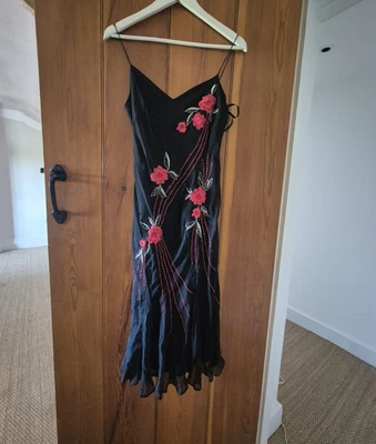Debenhams Black Red Floral Embroidered V-Neck Midi Silk Slip Dress Size 10 - Image 1 of 4