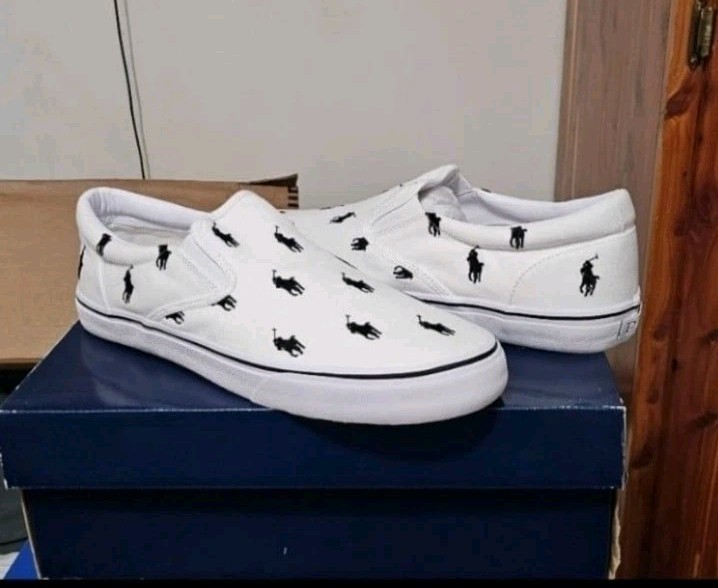 POLO RALPH LAUREN ALL OVER PONYS SCARPE TELA BIANCA NUOVE UOMO TAGLIA 14