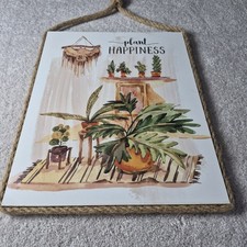 Hanging Wall Art "Plant Happiness" Rope Border Farmhouse Cottage Beach 15x12x.5