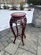 Ancien socle de plante chinois sculpté en palissandre - 28" - dessus marbre rose