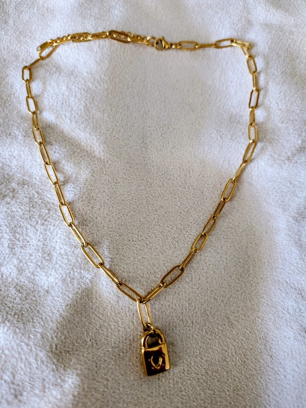 Gold Plated Paper Clip Inch Necklace With Gold Plated Lock Charm - Product main view