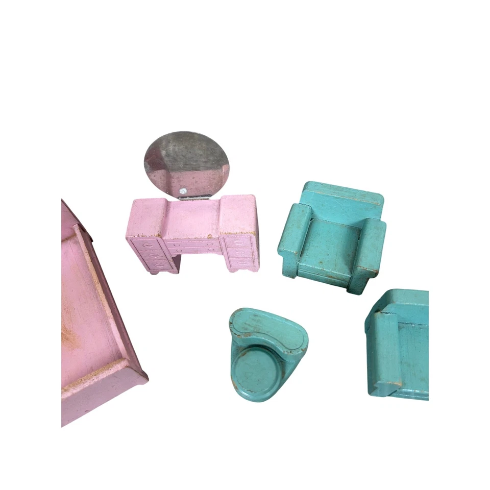 Винтажный миниатюрный кукольный домик мебель комплект розовый кровать синий диван туалетный столик стул дерево - Изображение 4 из 4