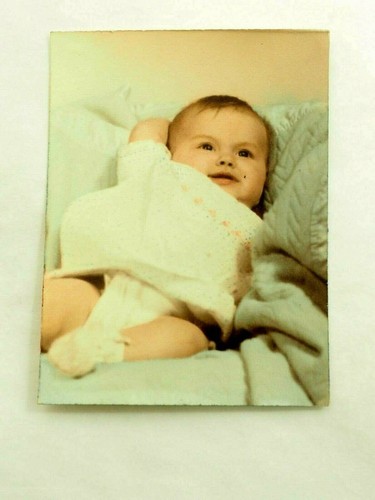 Smiling Little Baby Girl hand Colored Tinted 3 x 4" circa 1950 - Picture 3 of 5