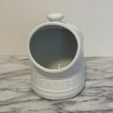 Salt Pig Salt Cellar Crock With Embossed”SALT” Wide Opening Porcelain 