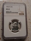 USA 25c~Twenty Five Cents 1/4 Dollar~ Washington Quarter 1954-D~* MS 65 By PCGS