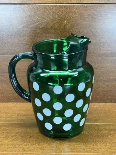 Anchor Hocking Forest Green White Polka Dot Pitcher MCM Depression Glass