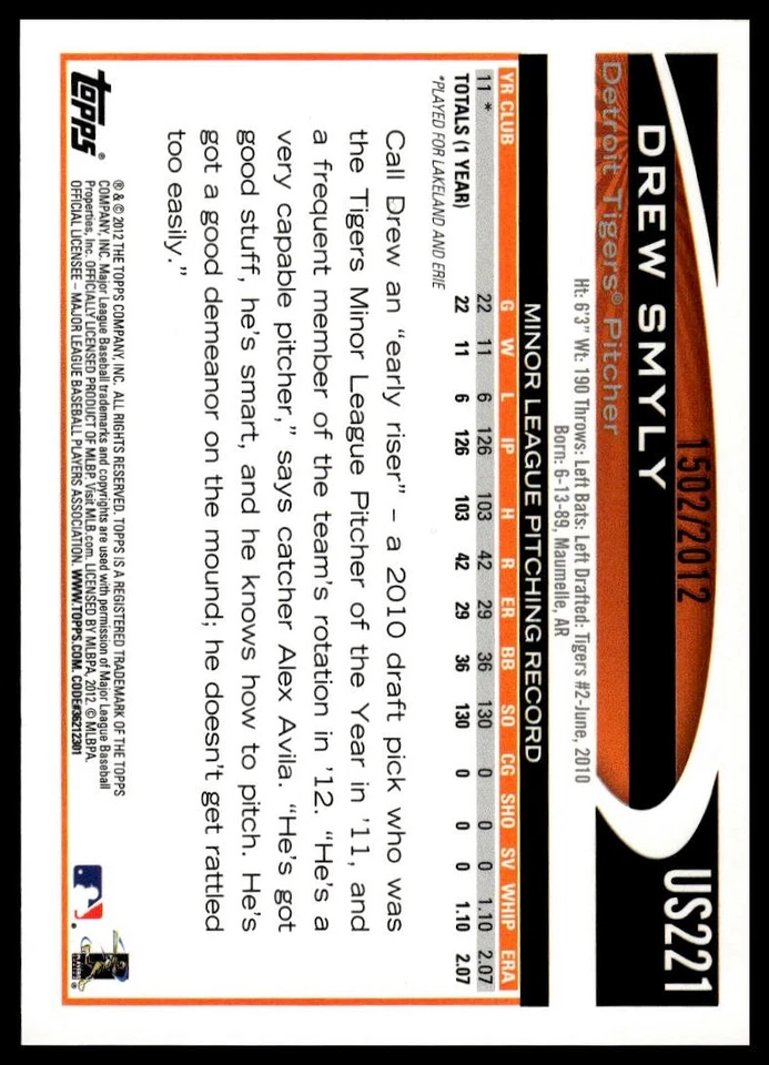 2012 Topps Update #US221 Drew Smyly Walmart Blue Border - Image 2 of 2