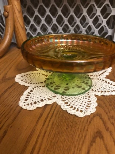 Vintage Compote Dish Amber Carnival Glass Iridescent Bowl with Green Pedestal