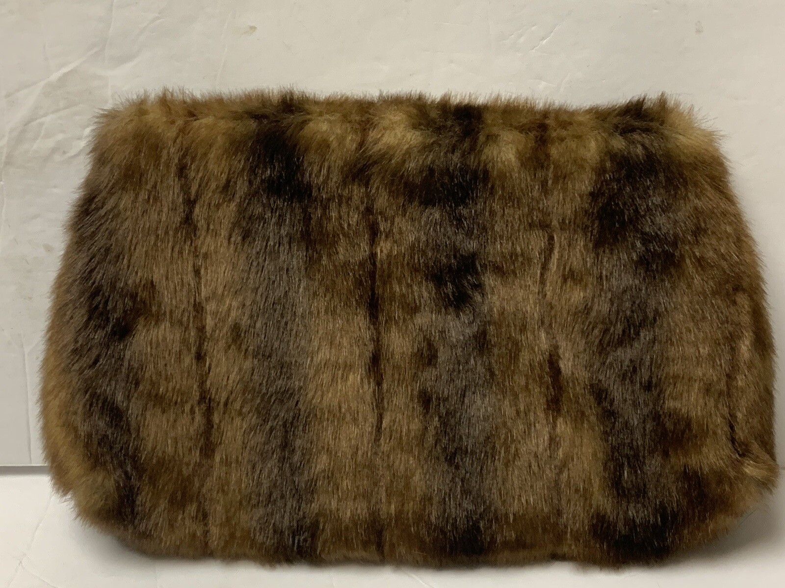 IC INTERNATIONAL CONCEPTS CLUTCH BROWN FAUX FUR LG BLACK SATIN BOW FRONT PURSE